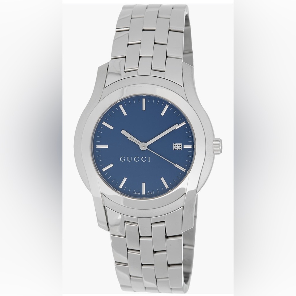 Gucci Silver Watch with Blue Dial
